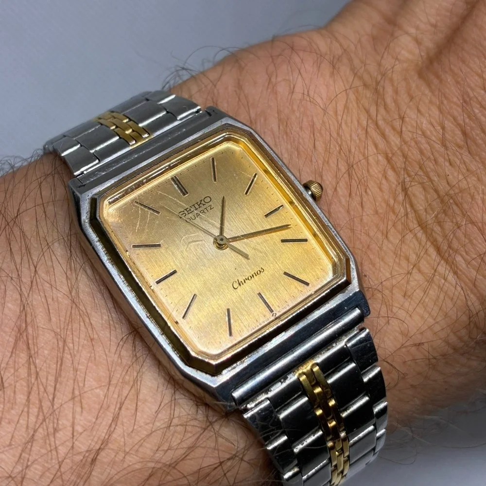 Vintage Seiko Chronos 9021-5130 Men Watch Gold Dial Two Tone Tank Square